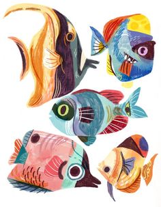 four colorful fish are depicted in this watercolor painting