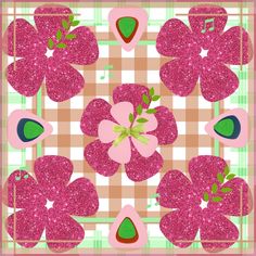 a pink flower with green leaves on a checkered background