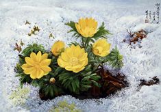 a painting of yellow flowers in the snow