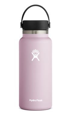 the hydro flask water bottle in pink with black lid and handle is shown on a white background