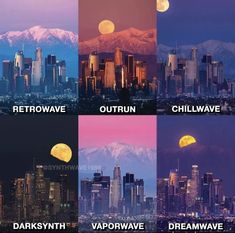 there are four different types of cityscapes in the same color scheme, each with their own caption