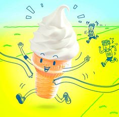 an ice cream cone with cartoon characters around it on a yellow and blue colored background