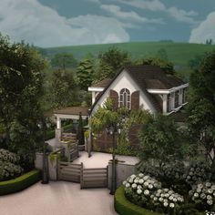 an artist's rendering of a house surrounded by trees and bushes with white flowers in the foreground