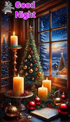 a christmas card with candles and decorations in front of a window that reads good night