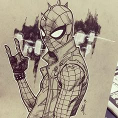 Spiderman Sketches, Punk Drawing, Into The Spiderverse, Illustrative Art, Spiderman Drawing, Deadpool And Spiderman, Spiderman Art Sketch, Man Sketch, Spiderman Spider