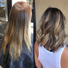 Hair Color Ideas For Brunettes Before And After, Before And After Hair Highlights, First Time Balayage Brunettes, Summer Balayage Short Hair, Medium Length Haircut Brown Balayage, Hairstyles Before And After, Balayage Hair On Short Hair, Before And After Highlights Brunettes, Shirt Hair Balayage