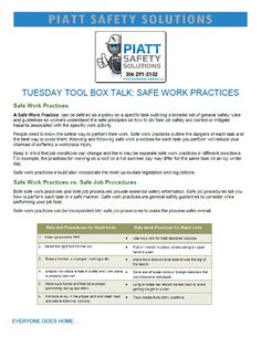 Tuesday Toolbox Talk today is SAFE WORK PRACTICES  Everyone Goes Home… #piattsafety #Toolboxtalk #yxe #warman #martensville #yqr #tradesSK #safetymanualSK #turnkeysafety #safetymanualyxe #turnkeysafety #safetymanualyqr #corsk #cormanualsk #corsafetyprogramsk #coraudit #piattsafety #jobsafe #cormanualyxe #corsafetyprogramyxe #cormanualyqr #corsafetyprogramyqr #everyonegoeshome #safety #automotivesafety #msacor #swp #safwworkpractice Safety Toolbox Talks, Safety Topics, Safety Courses, Safety Rules, Safety 1st, Occupational Health, Occupational Health And Safety, Health And Safety, Tool Box