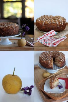 four different pictures of cakes and fruit on the table