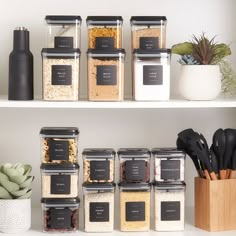 the shelves are filled with different types of spices and seasonings, including black pepper