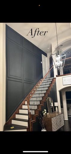 before and after photos of a staircase in a house with black paint on the walls