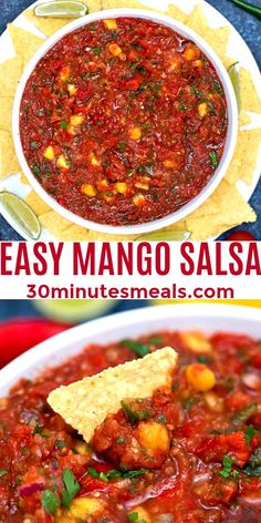 easy mango salsa in a white bowl with tortilla chips on the side and text overlay that says easy mango salsa