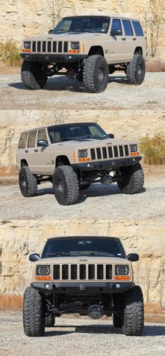 four different pictures of the same vehicle in three different stages, one is off road and one is off - road