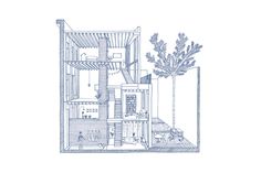 a drawing of a house with stairs and trees