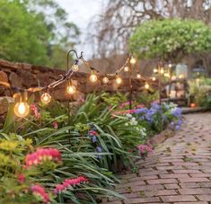 a brick path with flowers and lights strung from it