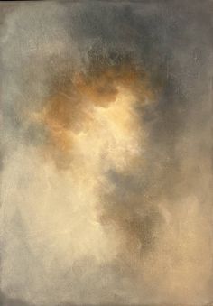 an abstract painting with white and yellow colors on the bottom half of it, overcast sky