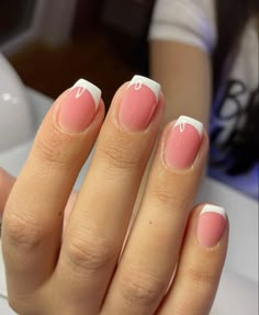 Short French Overlay Nails, Short Nail Designs French Tips Classy, French Tip Natural Nails Short Pink, Sport Length Acrylic Nails French Tips, Natural Pink French Tip Nails, White French Tip Nails With Pink, Pink Nail White French Tip, Pink And White French Tip Nails Short, Coffin French Tip Nails Short