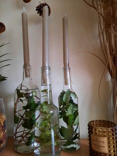 three glass bottles with plants in them sitting on a table next to candles and other items