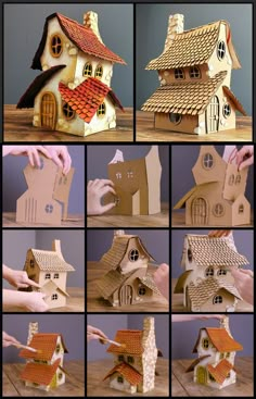 there are many pictures of different houses made out of cardboard