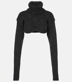 Cropped wool-blend turtleneck sweater in grey - Acne Studios | Mytheresa Winter Wool Turtleneck With Knit Fabrication, Wool Turtleneck With Knit Fabrication For Winter, Winter Wool Knit Turtleneck, Wool Knit Turtleneck For Winter, Fitted Knit Turtleneck With High Neck, Fitted Knit High Neck Turtleneck, High Stretch Funnel Neck Winter Sweater, Luxury Black Wool Top, Fitted High Neck Knit Turtleneck