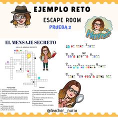 an image of a woman with glasses on her face and the words escape room in spanish