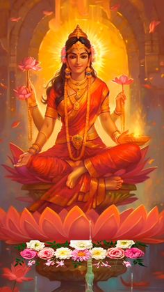 the hindu goddess sitting on top of a lotus with her hands clasped in front of her face