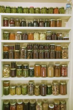 an organized pantry full of jars and canned food, including pickles, pasta sauces