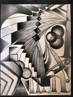 a black and white drawing of abstract shapes