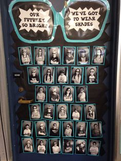 a door decorated with pictures of people's glasses