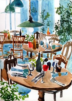 a watercolor painting of a dining room table with wine glasses and bottles on it