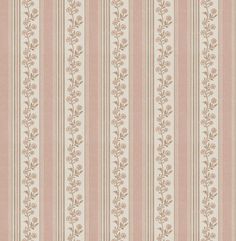 a pink and white striped wallpaper with small flowers on the bottom half of it