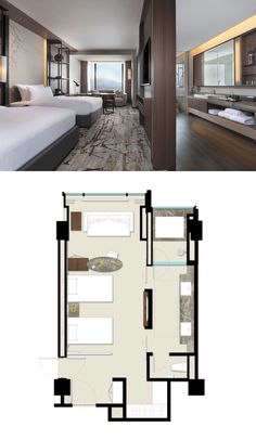 the floor plan for a hotel room with two beds and a bathroom in each side