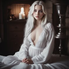 a woman with long white hair sitting on a bed wearing a robe and candlelight