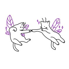 two cats playing with each other in front of a white background and one cat has purple wings on its back