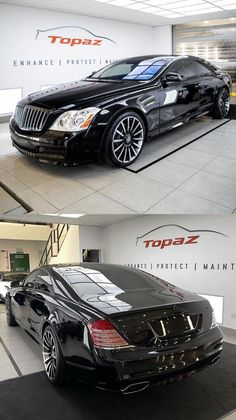 two pictures of a black car in a showroom