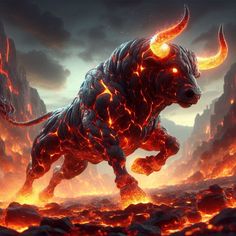 a bull with glowing eyes running through lava