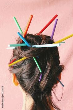 Stock Image: womans long hair wrapped with colorful chopsticks and pink background Hair Color Orange, Beachy Hair, Crazy Hair Day, Turkish Culture, Rave Fashion, Crazy Hair Day At School, Crazy Hair Days, Simple Girl, Orange Hair