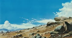 an oil painting of rocks and grass on a mountain side with clouds in the sky