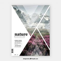 a magazine cover with mountains and flowers in the foreground, on a white background