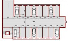 the floor plan for an empty parking lot with three cars parked in it and two people walking