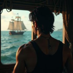 a man looking out the window at a ship in the ocean