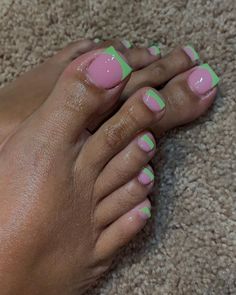 Arylic Toes Designs, Green French Tip Toes, Lime Green French Tip Toes, Hot Pink French Tip Toes, Green Toes, French Tip Acrylic Toes Black Women, Acrylic Toe Nail Designs