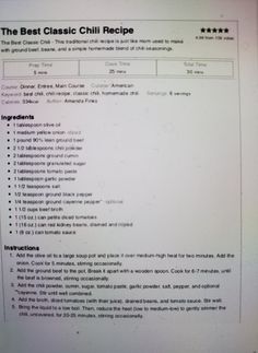 the best classic chili recipe is shown on top of a white paper with black writing