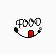 the word food with a fork and knife in it's mouth, on a white background