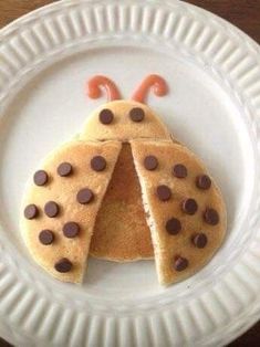 a white plate topped with two pancakes covered in chocolate chips and a lady bug design