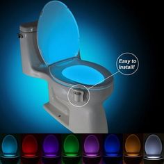 Features: It turns on automatically when you approach the toilet in dark, and turns off after you leave. Works only at night, easy to fit to any toilet. The LED light has 8 colors, the color will change automatically, you can also set one signal color by press the button, if you press the button again, the light color will continue to change. 8 kinds of color will change turn by turn, 60 seconds in a round, and then cycle. With photosensitive sensor and IR sensor, it lights when people come at n Toilet Bowl Light, Bathroom Night Light, Bowl Light, Sensor Night Lights, Smart Toilet, Toilet Bowl, Pc Cases, Night Lamps, Motion Sensor