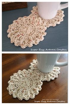 crocheted coasters are on the floor next to a coffee cup