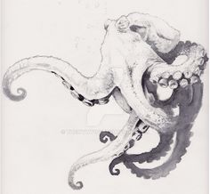 an ink drawing of an octopus attacking a man on the back of a boat, in black and white