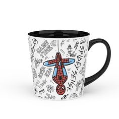 a black and white coffee mug with spiderman on it