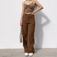 FashionSierra - Vintage Y2K Baggy Brown Jeans Women Streetwear Loose Pants Corduroy Mopping Drape Solid Color Wide-Leg Casual TrousersMaterial: CottonMaterial: PolyesterWaist Type: HIGHLength: Full LengthDecoration: PocketsDecoration: HOLEDecoration: vintageJeans Style: Flare PantsAge: Ages 18-35 Years OldModel Number: jeansItem Type: JEANSGender: WOMENRelease Date: Autumn 2023Thickness: RegularStyle: CasualFabric Type: Cotton elastic denimClosure Type: Button FlyFit Type: skinnyWash: LightWash: StonewashedName1: pantsName2: pantalones de mujerName3: jean femmeName4: pantalon pour femmeName5: jeans woman high waistName6: pantalones vaqueros mujerName7: pantalonesName8: streetwearName9: baggy jeansName10: denim trousersName11: vintage clothesName12: jeans woman 2023Name13: woman pantsName14 Jeans Marron, Vintage Jeans Style, Brown Joggers, Style Wide Leg Pants, Girl Sweatpants, Brown Jeans, Casual Bottoms, Jean Vintage, Brown Pants