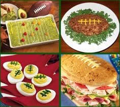 four pictures with different foods in them including eggs, salads and football themed food